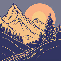 Stylized illustration of a serene mountain landscape at sunset with rolling hills pine trees and a winding path leading towards the majestic peaks under a warm glowing sun