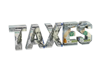 The word 'taxes' constructed from folded us one hundred dollar bills detailing franklin, on a transparent isolated background with no shadows, symbolizing taxation concept