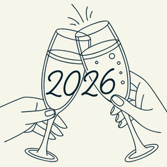 Two hands holding champagne glasses clinking together with the numbers 2026 displayed on the glasses celebrating the new year