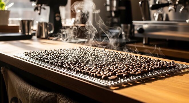 Roasted coffee beans on a metal cooling rack, emitting steam, creating a warm and inviting atmosphere in a coffee shop.