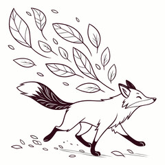 Whimsical outline illustration of a happy fox running through falling autumn leaves with a stylized flowing tail and a sense of joyful movement