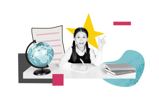 Creative poster collage of funny girl writing point empty space school day shopping kids education concept freak bizarre unusual fantasy - Powered by Adobe