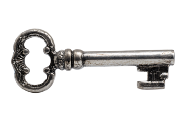 Ornate Antique Key in Silver Tone, Featuring a Detailed Bow and Cylindrical Shaft for Unlock