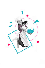 Vertical composite collage image picture of excited girl hold cake jump isolated on creative background