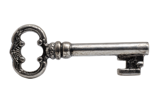 Ornate Antique Key in Silver Tone, Featuring a Detailed Bow and Cylindrical Shaft for Unlock