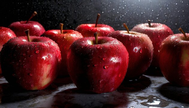 Red apples covered in water drops on black background. Wet apples.