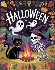 A whimsical Halloween scene featuring a friendly skeleton and a curious black cat sitting by a campfire under a starry sky, surrounded by autumn foliage and ghostly wisps.