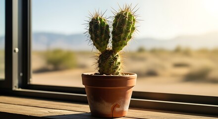 Obraz premium Cactus Plant in Pot by Window.
