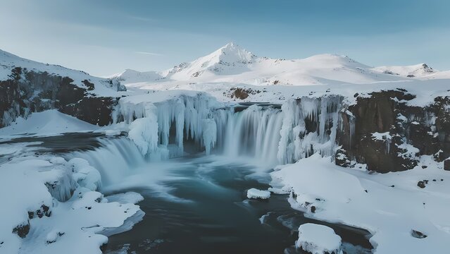 Snow-covered waterfall cascading into a river in a mountainous winter landscape - Powered by Adobe
