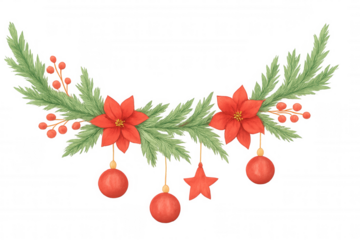 Christmas watercolor garland with poinsettias, spruce branches, red berries, and hanging ornaments on transparent background