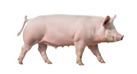 Large adult domestic sow with light pink skin and bristle texture, visible teats, walking left to right on a transparent seamless background, ultra realistic studio lighting. Commercial animal study