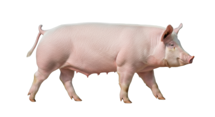 Large adult domestic sow with light pink skin and bristle texture, visible teats, walking left to right on a transparent seamless background, ultra realistic studio lighting. Commercial animal study