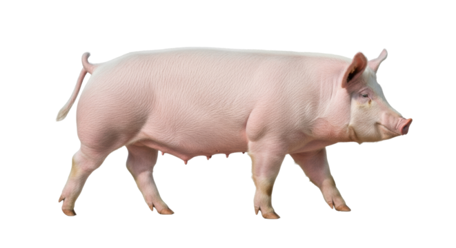 Large adult domestic sow with light pink skin and bristle texture, visible teats, walking left to right on a transparent seamless background, ultra realistic studio lighting. Commercial animal study
