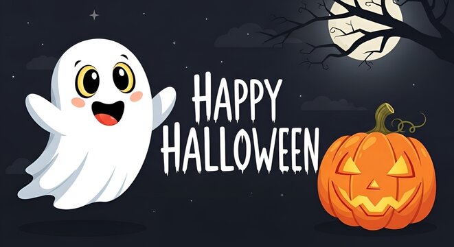 Cartoon illustration of a happy halloween scene with a ghost and a jack o lantern in the night