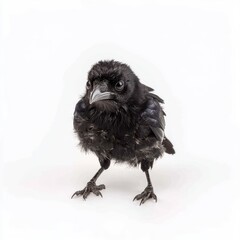 Obraz premium Young Black Bird with Fluffy Feathers Standing on White Background