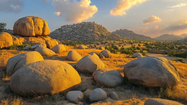 golden sandstone boulder ruins of hampi karnataka indian landscape video