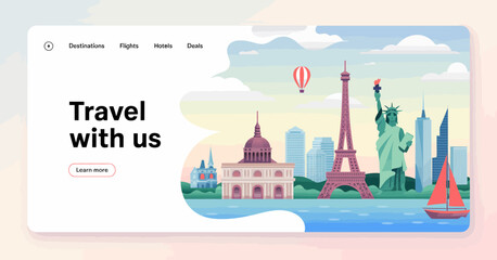 Fototapeta premium An eye-catching collage of renowned global landmarks encourages travel enthusiasts to explore the world's wonders, showcasing the art of discovery through various cultural icons.