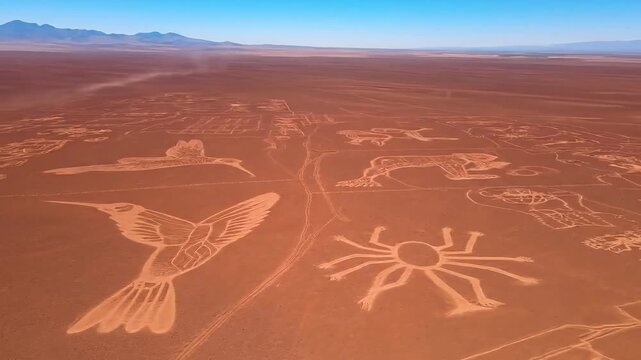 Ancient geoglyphs etched into desert landscape, revealing intricate designs of animals and symbols.