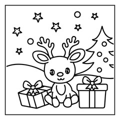 Naklejka premium Holiday Cheer: A whimsical black and white outline illustration of a festive reindeer, complete with a Christmas tree and gift boxes.
