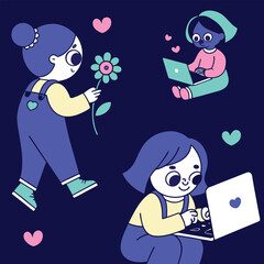 Joyful children embracing technology and nature, learning and connecting in a vibrant, modern style with hearts and flowers