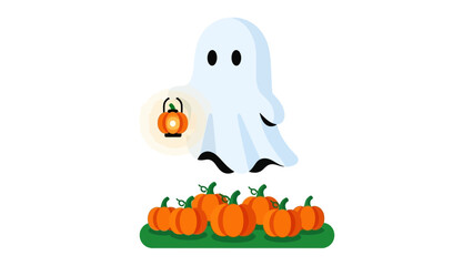 Spooky Ghost and Pumpkins: A charming and whimsical illustration of a friendly ghost floating above a patch of pumpkins on Halloween night, holding a glowing lantern.