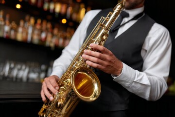 Obraz premium A man is playing a saxophone in a bar