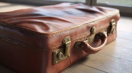 Story-filled vintage travel case, brass clasps strained from overstuffing, soft light shows leather texture and wear