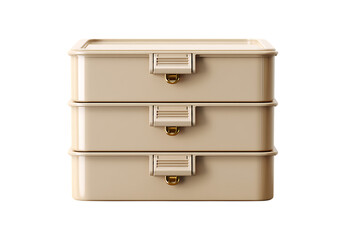 Stacked beige storage containers create a multi-tiered organization solution for home storage, offering an efficient and aesthetic storage system.