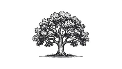 A detailed black and white illustration of a large oak tree with dense foliage and intricate bark detail