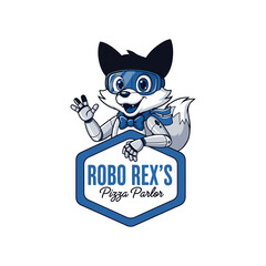 Robotic fox mascot logo design for robo rex pizza parlor brand identity