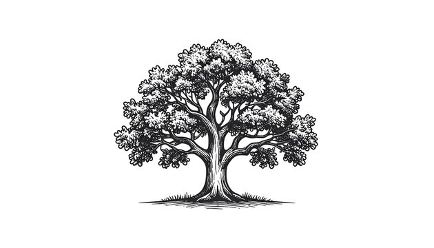 A detailed black and white illustration of a large oak tree with dense foliage and intricate bark detail