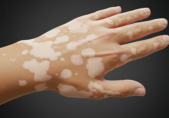 A close-up of a human hand with vitiligo, showing depigmented white patches on the skin against a dark background.