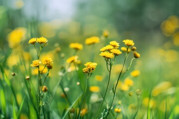 Cute fluffy little yellow wildflowers in nature on a meadow on sunny spring or summer day. Soft selective foc