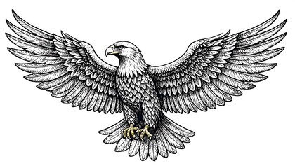 Obraz premium A detailed black and white illustration of a majestic bird with spread wings, showing intricate feather details