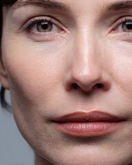 Fototapeta premium Ultra close up macro portrait of mature woman face with detailed natural skin texture, ideal for beauty, dermatology, skincare, wellness, cosmetics, healthcare, lifestyle and advertising projects.