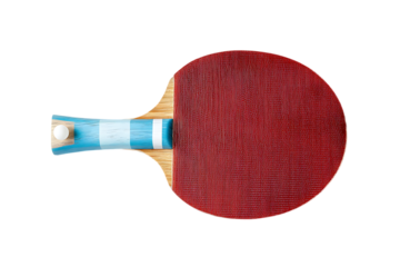 Single ping pong paddle with a red striking surface and a blue and white striped grip laying on a white surface.