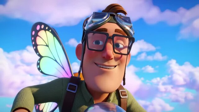 A funny cartoon vector illustration of a young woman with glasses and long hair looking at a butterfly