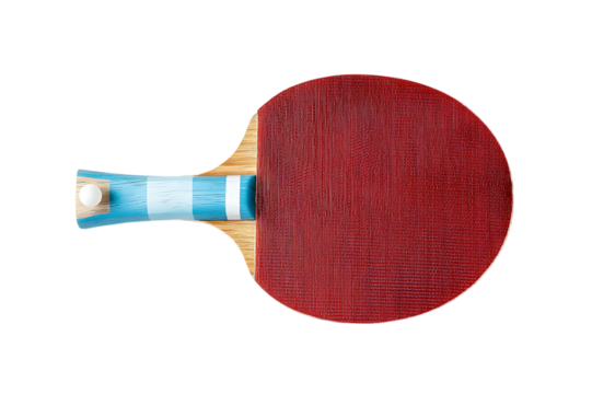 Single ping pong paddle with a red striking surface and a blue and white striped grip laying on a white surface.