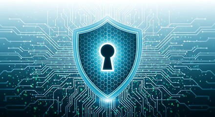 Digital shield with keyhole symbol represents cybersecurity and data protection