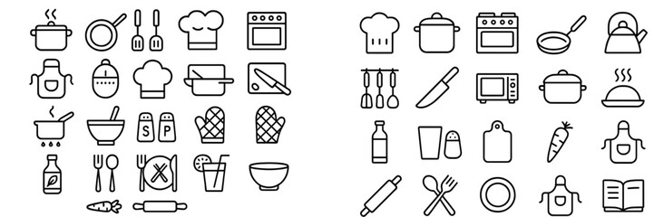 Collection of kitchen utensils and cooking icons showcasing various culinary tools and equipment for cooking preparations