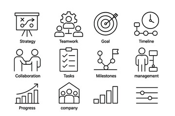 Icons representing teamwork, strategy, and management tasks for effective project planning in a corporate setting