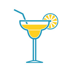 Yellow cocktail in margarita glass with lime slice and blue straw drink