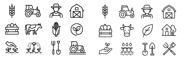 Collection of line icons illustrating farming activities and elements on a light background