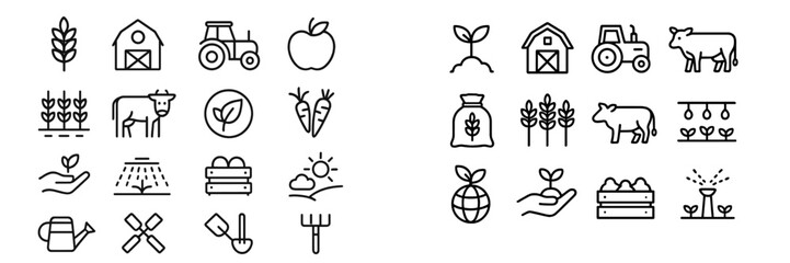 Simple icons representing farming, agriculture, and sustainability in a clean line art style for educational use
