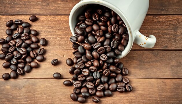 Dark roasted coffee beans spilling from a ceramic cup onto a rustic wooden surface,  rich flavor,  brown