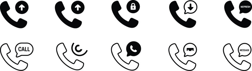 Phone call icon set, communication symbol collection, handset with arrows, secure call, hidden call, video chat icon, speech bubble, vector design, UI graphic