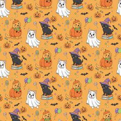 Happy halloween party seamless pattern background with lovely puppy dog wearing halloween costume, carved pumpkin and spooky bat. Holidays cartoon character. -Vector