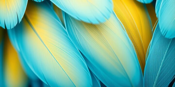 Light blue and gold tropical bird feathers macro Minimal abstract texture background with copy space, backdrop, shine