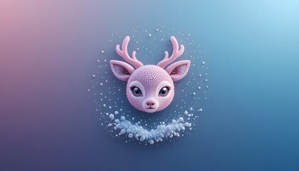 Cute pink baby reindeer head surrounded by snow on blue gradient background