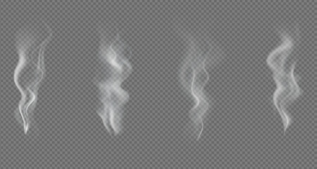 Realistic steam or smoke on hot tea, coffee, food. PNG Stock royalty free. transparent background Vector set